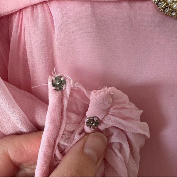 Vintage 70s Pink Lace & Chiffon Mock Neck Bishop Sleeves Maxi Dress Size Small - Picture 5 of 9